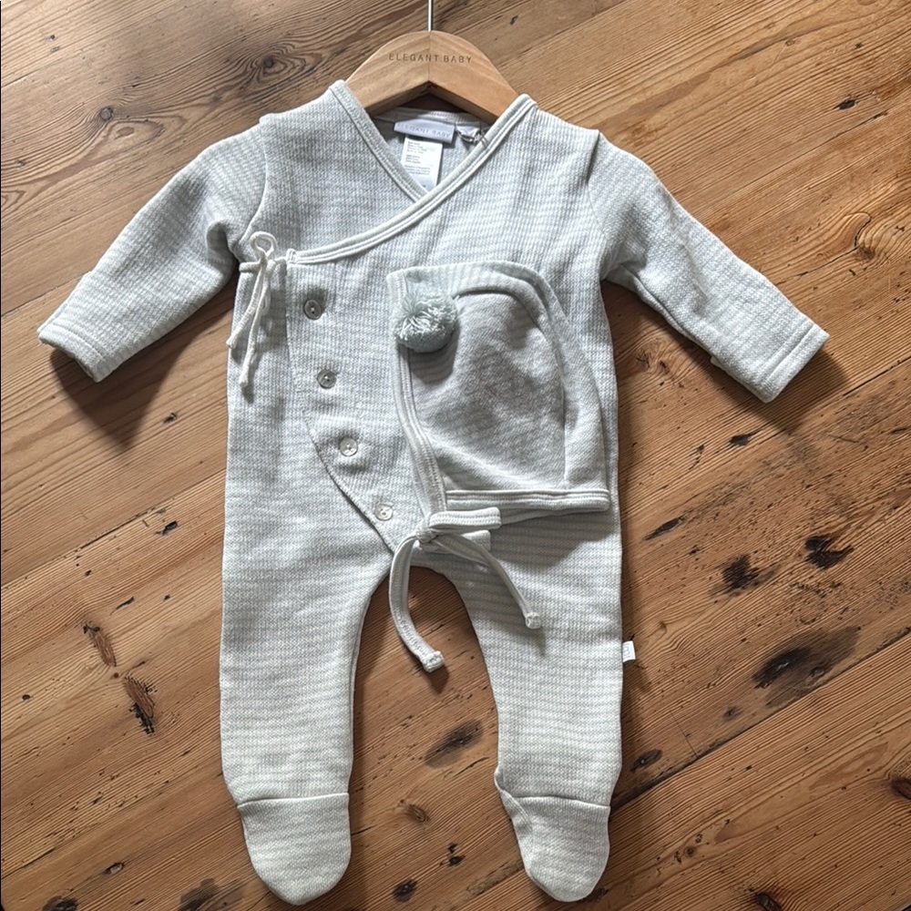 Elegant Baby - Kimono Stripe Jumpsuit with Bonnet Set - Blue Size 3M